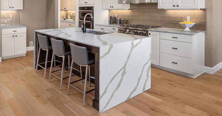 white with grey vien quartz waterfall island